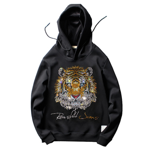 春秋男长袖加绒加厚烫钻老虎头潮牌大码红色套头卫衣男本命年虎男