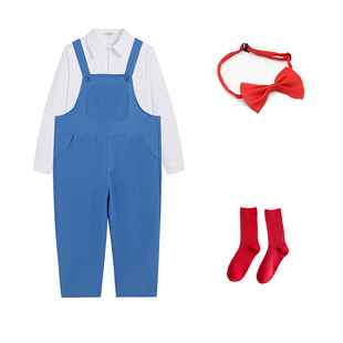 红歌合唱服劳动最光荣表演服儿童白衬衫蓝色工人背带裤小荷风采