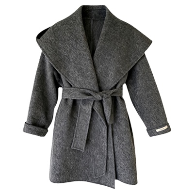 陆续！法式绑带收腰羊毛大衣25冬韩国chic牦牛绒连帽大翻领呢外套