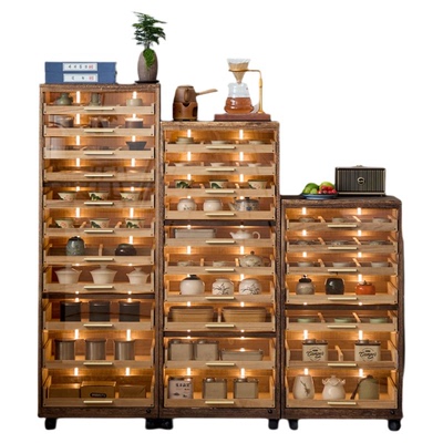实木带灯感应牙科柜茶水柜胡桃色分格收纳柜储物柜茶具柜茶杯柜