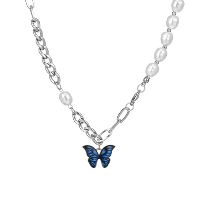 VOYAGE蓝色蝴蝶拼接珍珠项链甜酷
