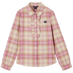 【100%棉】eland kids衣恋童装女童衬衫春秋花边格子长袖刺绣上衣