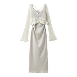 SNIDEL春夏款V领荷叶边针织衫吊带连衣裙两件套SWNO241110