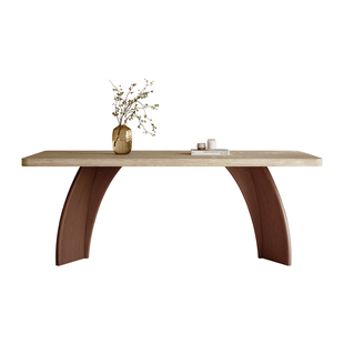 中古风实木餐桌家用高端复古长方形饭桌2026新款下挂洞石岩板餐桌