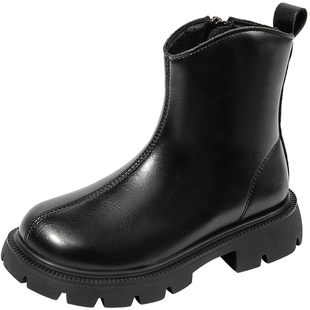 红蜻蜓女童鞋子儿童马丁短靴2026新款冬加绒小皮靴洋气公主女孩黑