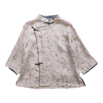 汀素短款复古全开襟中袖苎麻衬衫