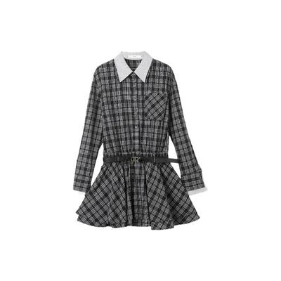 西町村屋撞色拼接长袖连衣裙女