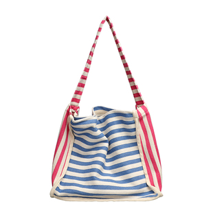 慵懒风大容量帆布托特包女百搭撞色条纹单肩包学生宽肩带斜挎布袋