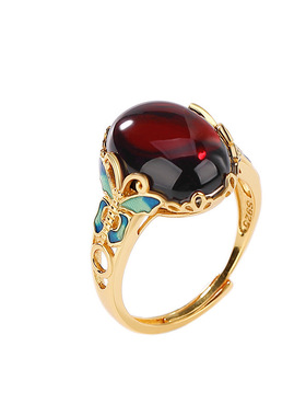 天然血珀蛋面戒指S925纯银镀金景泰蓝蝴蝶珐琅彩红琥珀开口指环女