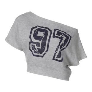 shemoda数字印花一字斜领露肩短袖T恤女性感辣妹露脐修身短袖上衣