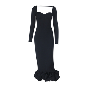 GirlsAt18 法式赫本风黑色长袖连衣裙女秋季高级气质收腰花苞长裙