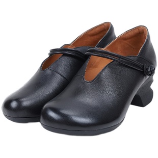 相伴真皮秋季单鞋女皮鞋厚底民族风手工中年鞋子原创复古女鞋