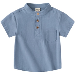 儿童短袖衬衫2025夏装男童立领纯色衬衣韩版宝宝休闲夏季上衣薄款