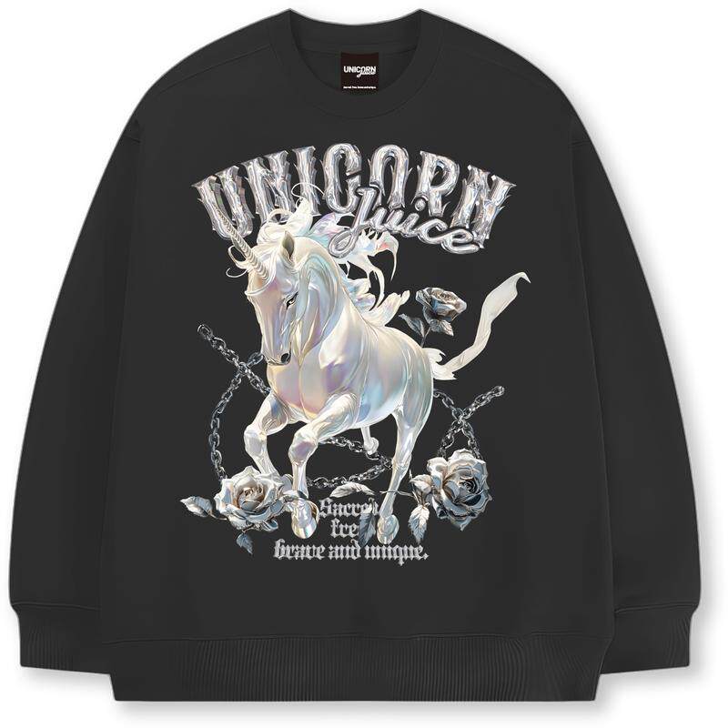 JuiceUnicorn原创金属玫瑰独角兽长袖复古印花男女重磅圆领卫衣