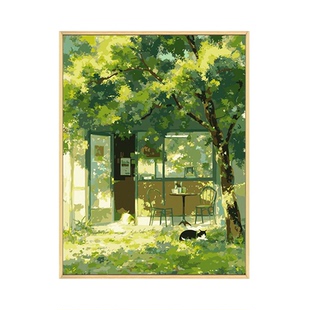 宫崎骏夏日小店数字油画diy填充填色手工绘绿色风景丙烯画装饰画