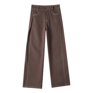 阔腿裤女2024年秋冬季新款卡其色毛呢高腰宽松美拉德加绒窄版直筒