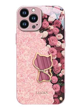 适用苹果16手机壳玫瑰猫iPhone15Promax带挂绳IP14硅胶13全包12金属漆11玻璃Xs防摔8plus保护套mini新款6s女