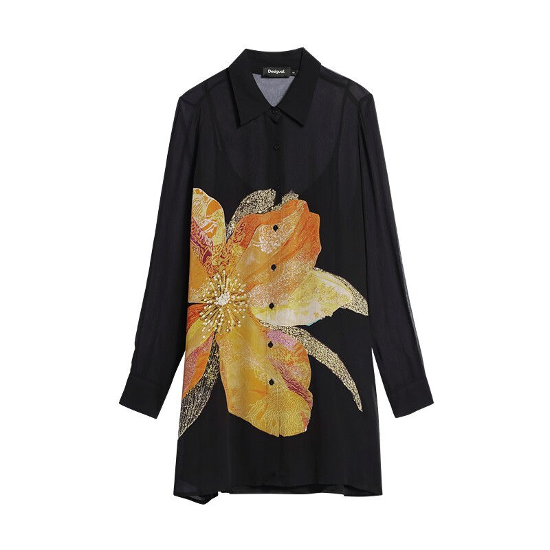 Desigual26秋冬新品透视黑纱有内衬手绘油画印花长款衬衫连衣裙