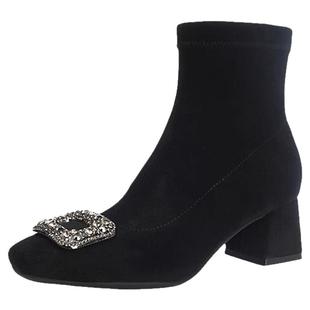 绒面瘦瘦靴粗跟中高跟短靴女秋冬加绒水钻方扣方头弹力时装袜靴女