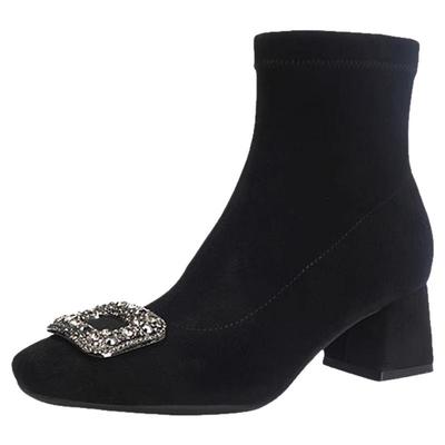 绒面瘦瘦靴粗跟中高跟短靴女