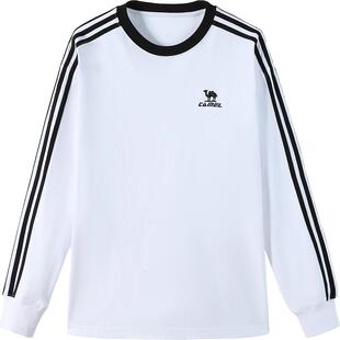 骆驼纯棉t神圆领长袖T恤男女款秋季新款休闲卫衣三条杠黑白色上衣