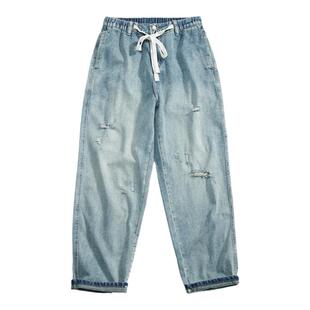牛仔裤春夏薄款日系复古宽松直筒破洞老爹裤新塘镇腿粗痞帅裤子男