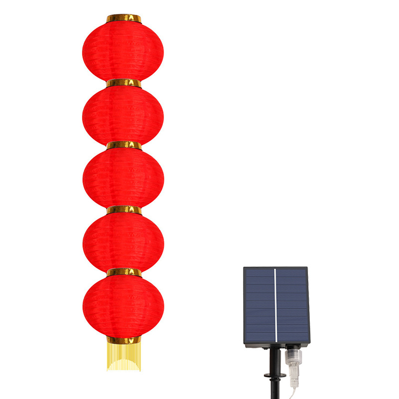 新年绸缎太阳能灯笼户外庭院花园装饰防水LED拉丝一拖五绸布灯笼