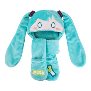 moeyu初音未来咬咬帽子围巾一体保暖毛绒手套连帽围脖三件套周边