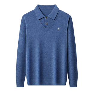 皮尔卡丹正品羊毛衫男士冬季加厚假两件衬衫领毛衣中年针织打底衫