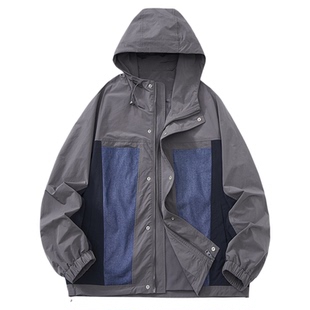 秋季连帽外套男士撞色拼接工装男装防风机能冲锋衣春秋款夹克帅气