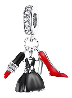 跨境热卖时尚创意度假风口红礼服高跟鞋三件套女士铜镀925银珠DIY