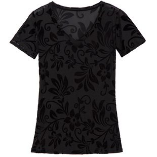 黑色薄款修身V领t恤女长袖秋季2026新款轻熟洋气小衫植绒网纱上衣