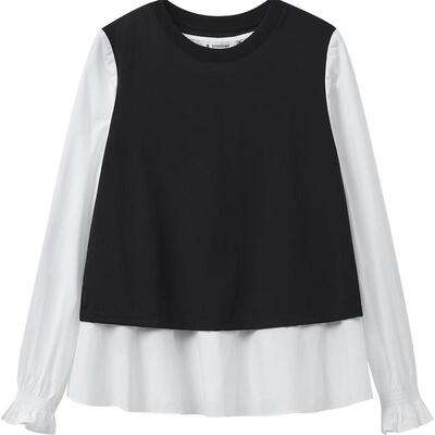 播春秋撞色拼接衬衫女优雅宽松圆领长袖衬衣DDR3HD5047