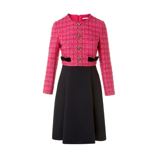 朗姿/LIME莱茵小香风羊毛格纹花式纱收腰伞摆圆领连衣裙26春新款