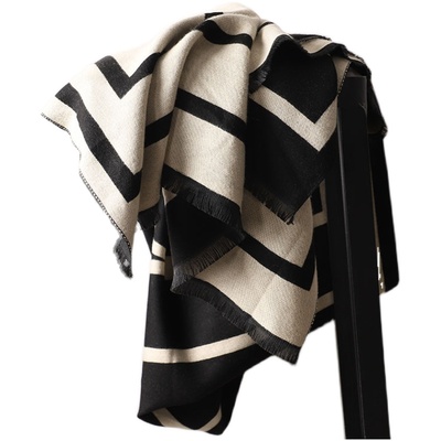 条纹两用仿羊绒百搭风围巾女士