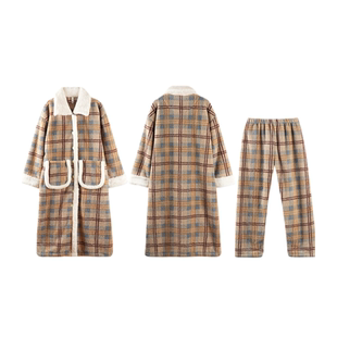 维多利亚珊瑚绒睡袍女款冬季加绒加厚两件套法兰绒复古格子家居服