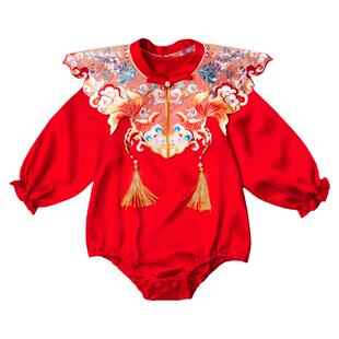 宝宝真丝周岁礼服婴儿红色百天中式女满月百岁过年拜年桑蚕丝衣服