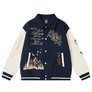 404MOB重工刺绣呢料翻领夹克男秋冬美式廓形飞行员棒球服美式外套