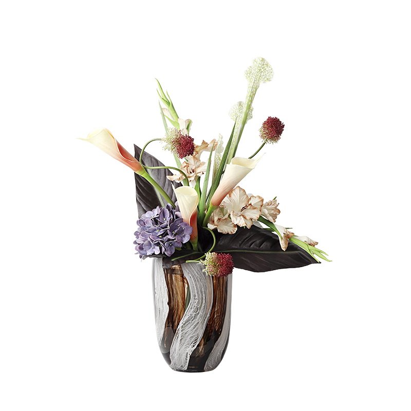 轻奢艺术咖色水养玻璃花瓶紫色花艺酒店客厅玄关餐桌花器插花摆件
