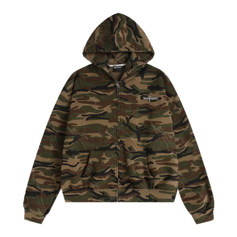 INSstudios 国潮美式复古「斑驳迷彩连帽卫衣」宽松加绒拉链外套