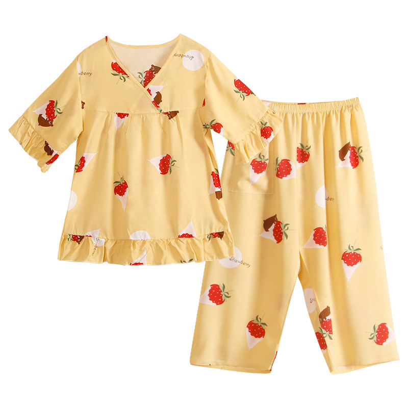 花边v领短袖家居服睡衣套装