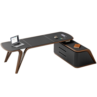 高端轻奢马鞍皮书桌高级感实木办公桌别墅书房老板桌总裁电脑桌