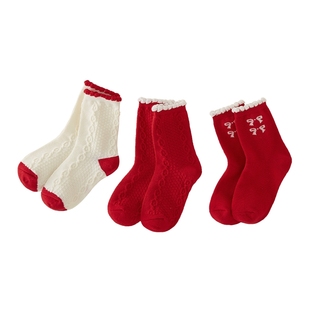 [A类标准]女童袜子3宝宝花边袜红小童红色童袜三双装春秋儿童短袜