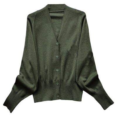 绿色V领宽松收腰开衫外套针织衫