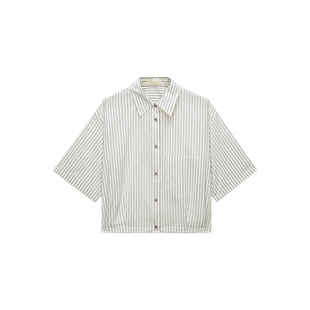 OCHIRLY欧时力 色织丝棉条纹短袖衬衫女防晒休闲上衣2025夏季新品