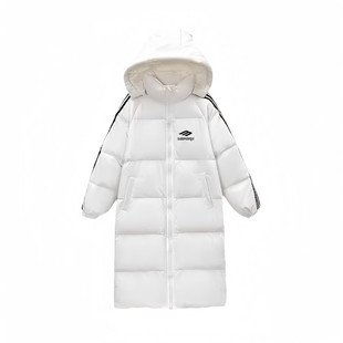 90白鸭绒三条杠连帽羽绒服女长款过膝冬2025年新款韩版宽松外套潮