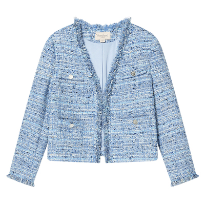 Goodland美地蓝色气质V领法式小香风短外套花纱/半身裙LC35110070