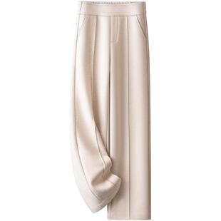 简约保暖羊绒裤松紧腰毛呢阔腿裤女秋冬2025新款休闲糯米直筒裤子