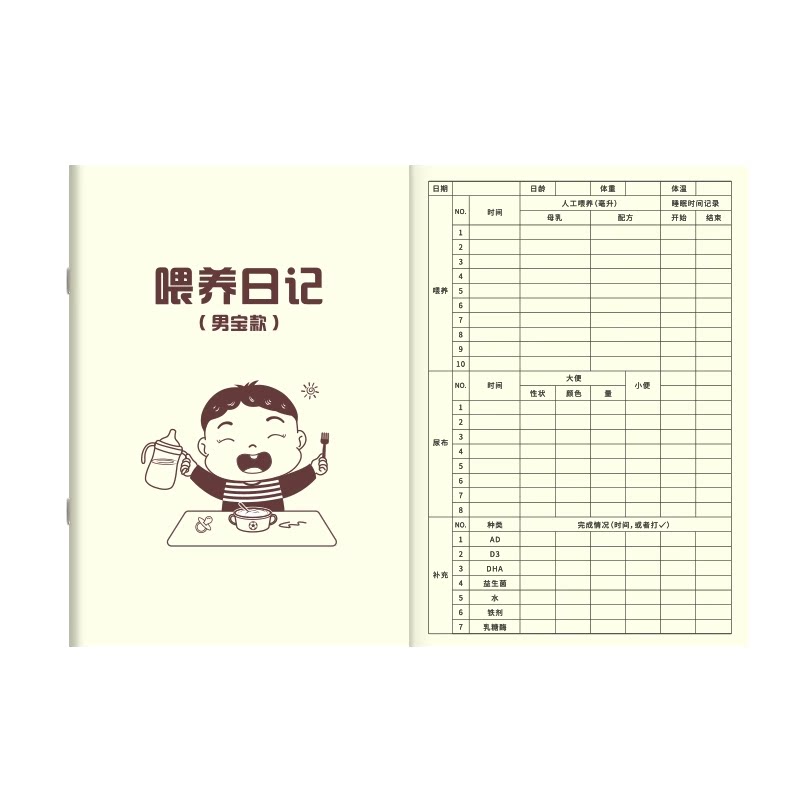 维克多利新生婴儿喂养记录本宝宝喂养日记录成长发育喂奶粉母乳奶量辅食表格手册日常作息生活龙年护理日志