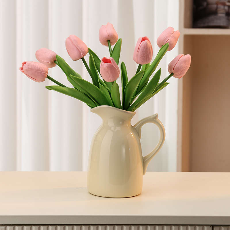 陶瓷可爱提手奶壶花瓶摆件客厅插花奶油风高级感花器家居桌台摆设
